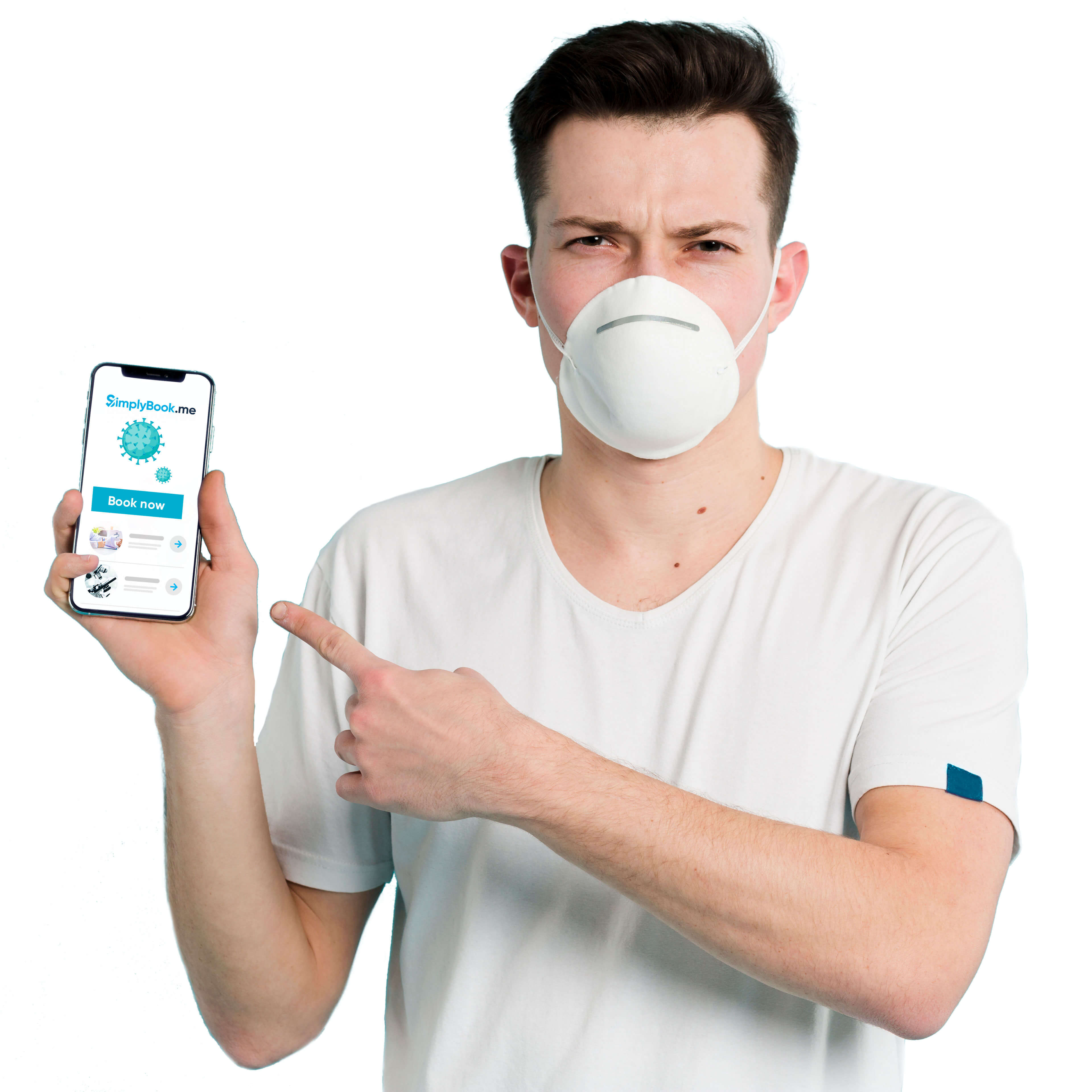 A person with respirator showing SimplyBook.me page